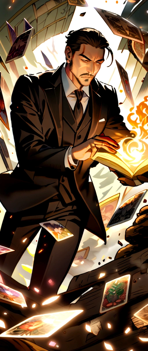 A detailed painting depicting a handsome, mature Asian man in a suit surrounded by a flurry of glowing Magic The Gathering cards and the book Dungeons and Dragons in the center.
