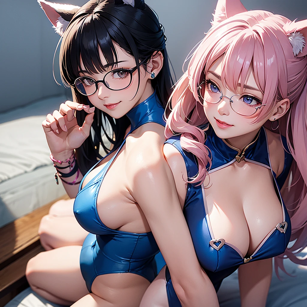 Side angle cleavage close up。Wolf ears。Look Up、blush、Light、smile。Blue leotard costume。Erotic gestures。Beauty with glasses。Pink short updo。