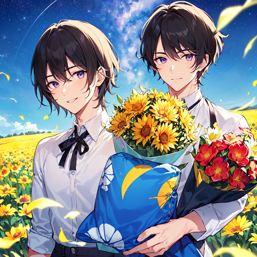 masterpiece,best quality,high quality,(1 male austere handsome solo adult age 30 years old:1.5), purple eyes, cool with suspended eyes, V-shaped eyebrows, body strong and fearless 8.5 head tall, height 185cm, (well-groomed black short hair down to neck:1.4), (bangs 7 thirds parted:1.4), slender nose, facial muscles, throat, (pants with summer flower prints summer fashion:1.3), (holding a bouquet of summer flowers), (stylish pose), (fearless smile:1.3), (background summer flower field:1.3), (Night Sky:1.3), (upper body:1.3)