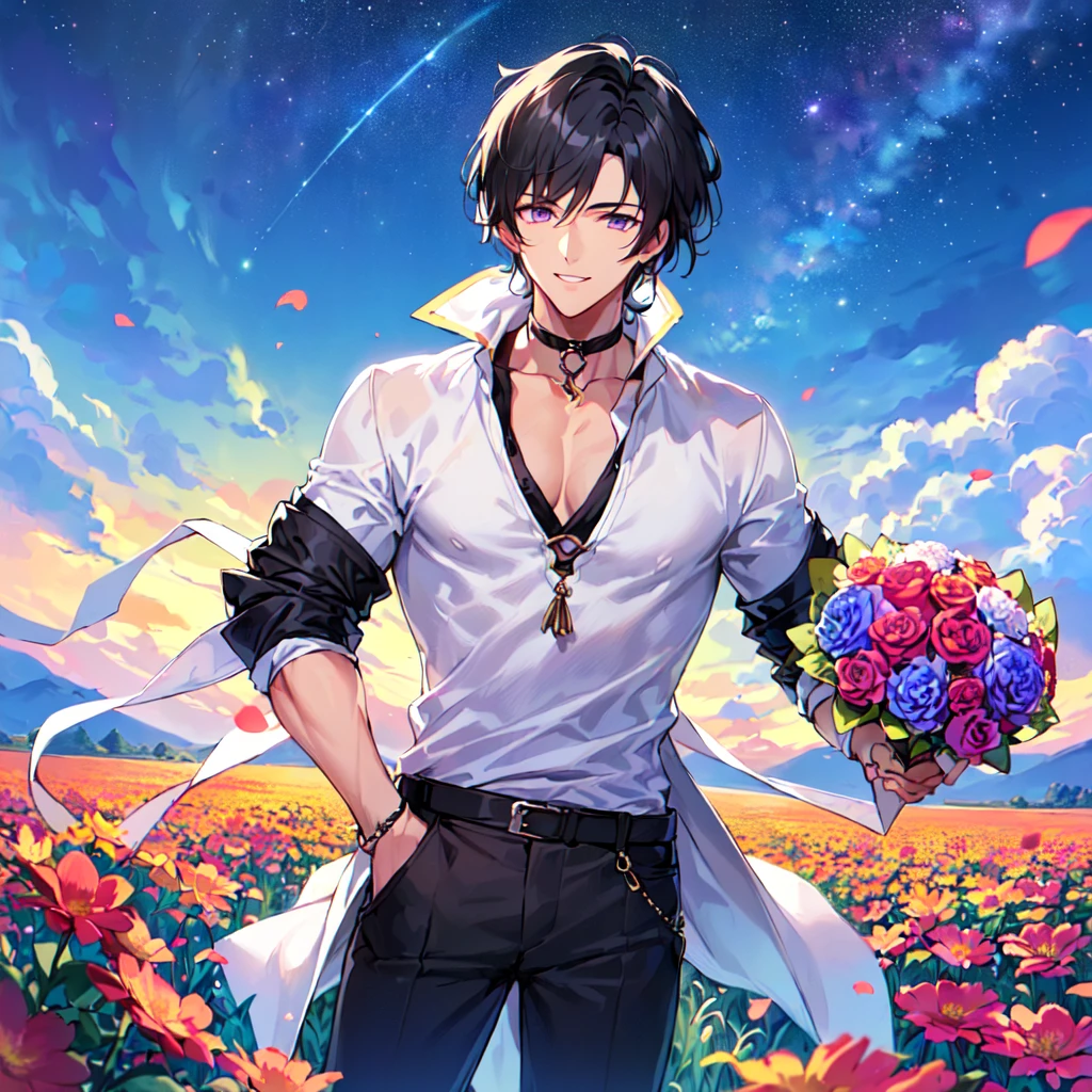 masterpiece,best quality,high quality,(1 male austere handsome solo adult age 30 years old:1.5), purple eyes, cool with suspended eyes, V-shaped eyebrows, body strong and fearless 8.5 head tall, height 185cm, (well-groomed black short hair down to neck:1.4), (bangs 7 thirds parted:1.4), slender nose, facial muscles, throat, (pants with summer flower prints summer fashion:1.3), (holding a bouquet of summer flowers), (stylish pose), (fearless smile:1.3), (background summer flower field:1.3), (Night Sky:1.3), (upper body:1.3)