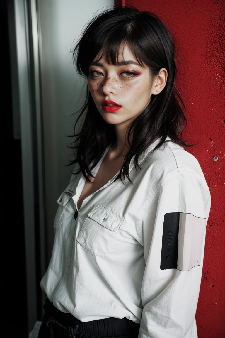 Superbe femme brune avec des taches de rousseur, Film photo Portra 400, inspiration analogique, straight black hair, fringe, pointed hair, messy hair, lot of freckles, mid close eyes, eyeshadow, pulp lips, dark red lipstick, thin body, tiny breast, short whit débardeur, baggy pants,