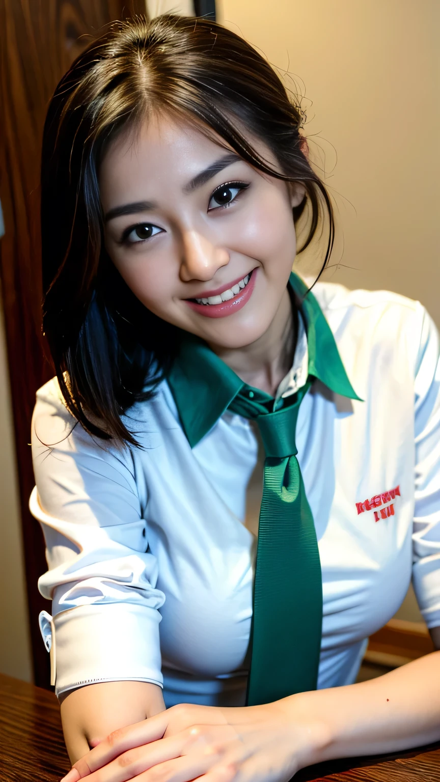 masterpiece, highest quality, best quality, 1girl, solo, looking at viewer, , tezuka rin, (armless amputee:1.2), brown hair, collar, collared shirt, (double amputee:1.2), green eyes, katawa shoujo, red necktie, shirt, short hair, solo, white shirt, lozhkin, grin, accurate teeth with gaps
