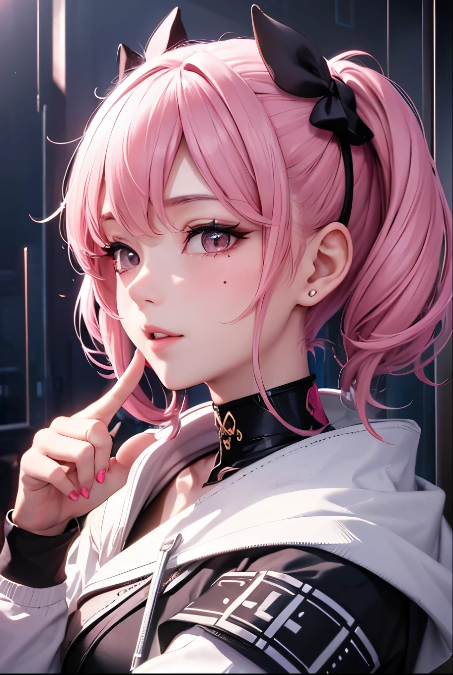 masterpiece, best quality, highly detailed, high resolution, expensive resolution, high resolution, 4k, 8k, uniform 8k wallpaper, highly detailed CG, masterpiece, 2d, 3d, beautiful details, depth, fine texture, best quality: 1.3, perfectly focused, sharp. skin, him, very cute anime girl, her name is Mei, short pigtails, idol, in the rain, expensive pink short pigtails, mole under eye, looking at the viewer, expensive, blush, mole, open lips, pink eyes, heart shaped choker, smiling face