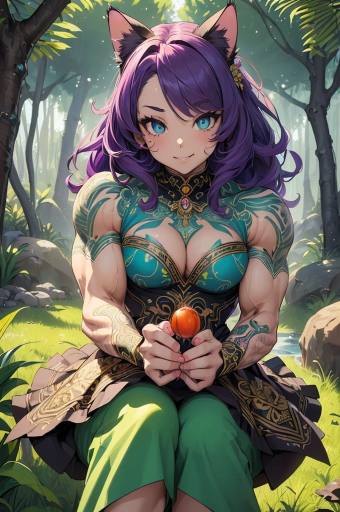street photography photo of a young woman with purple hair, smile, happy, cute t-shirt, tattoos on her arms, sitting in a 50s diner,((Best quality)), ((masterpiece)), ((highly intricate details)),beautiful, high quality, highres, absurdres, light difussion, intricate details, complex details, ((anime)), (anime:1.2) , (perfect face:1.3), extreme detailed eyes, colorful, highest detailed, vibrant colors, high contrast, (8K UHD:1.2), (photorealistic:1.2),(masterpiece:1.4), (best quality:1.4), realistic,(best quality, ultra-detailed, (cat-beast hunter:1.8), (A cat-beast hunter who lives in a lush forest. He wears elaborate and beautiful ornaments made of plants. His eyes are brightly colored and shining. Moonlight shines through the dense forest. Detailed drawing. Vivid colors. High image quality:1.5), (The protagonist looks up at the A large tree from below: 1.2), (Vivid colors:1.1), (paradise nymph:1.2), (Glowing butterfly:1), (glowing petals:1.1), (mandala:1.1), (pattern:1), (design:1), (spiral:1), (Colorful floral pattern:1), (Wormhole world:1.1), (masterpiece:1.3), (illustration:1.1), (best quality:1.1), (best aethetic:1), (beautiful art:1.2), (ultra-detailed:1.2), (8k), (HDR), (sharp focus), (intricate),LowRA , clean body, abs, (body builder:1.5),muscular,beautiful muscle,((female,girl)),busty,curvy,sexy,((big eyes,perfect eyes, beautiful eyes))