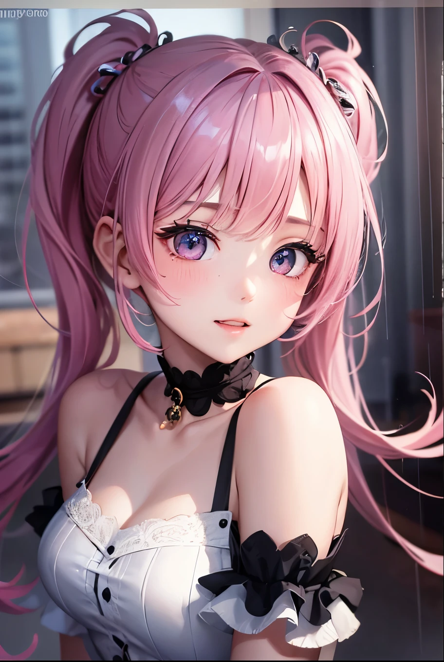 masterpiece, best quality, highly detailed, high resolution, expensive resolution, high resolution, 4k, 8k, uniform 8k wallpaper, highly detailed CG, masterpiece, 2d, 3d, beautiful details, depth, fine texture, best quality: 1.3, perfectly focused, sharp. skin, him, very cute anime girl, her name is Mei, short pigtails, idol, in the rain, expensive pink short pigtails, mole under eye, looking at the viewer, expensive, blush, mole, open lips, pink eyes, heart shaped choker, smiling face