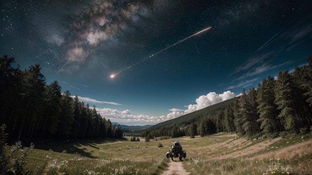 (absurdres, highres, ultra detailed), masterpiece, logo bye-bye, sky, astronaut, meteor, high speed, forest, meadow, cloud