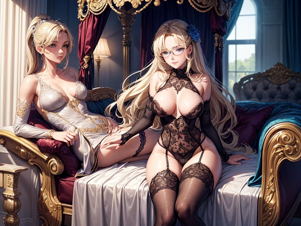 In a delicately arranged setting, a young agegirl stands elegantly, dressed in sophisticated lingerie. Her outfit consists of sumptuous pink lace that gracefully highlights her curves, adding a touch of mystery and sensuality. The garter belts, adorned with fine embroidery, hold up silk stockings, completing an ensemble that is both chic and daring.
She is small and slender and fine, she has really small breast, little breast, litlle chest, little tits, she has beautifully shaped hips. Her blonde hair frames her face, accentuating her sparkling blue eyes. She poses confidently in this refined environment, one hand delicately resting on her hip while the other lightly touches a strand of her perfectly styled hair. The decor around her is equally meticulous, with subtle elements that enhance the luxurious atmosphere of the scene: a four-poster bed, satin drapes, and soft lighting that highlights every detail.
The expression on her face is both confident and enigmatic, a slight smile playing on her lips. She embodies elegance and sensuality, capturing the gaze and imagination of those who behold her.