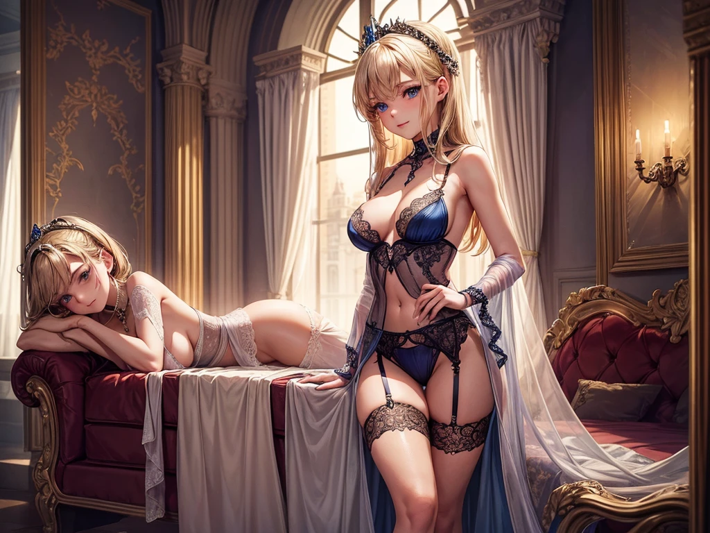 In a delicately arranged setting, a young agegirl stands elegantly, dressed in sophisticated lingerie. Her outfit consists of sumptuous pink lace that gracefully highlights her curves, adding a touch of mystery and sensuality. The garter belts, adorned with fine embroidery, hold up silk stockings, completing an ensemble that is both chic and daring.
She is small and slender and fine, she has really small breast, little breast, litlle chest, little tits, she has beautifully shaped hips. Her blonde hair frames her face, accentuating her sparkling blue eyes. She poses confidently in this refined environment, one hand delicately resting on her hip while the other lightly touches a strand of her perfectly styled hair. The decor around her is equally meticulous, with subtle elements that enhance the luxurious atmosphere of the scene: a four-poster bed, satin drapes, and soft lighting that highlights every detail.
The expression on her face is both confident and enigmatic, a slight smile playing on her lips. She embodies elegance and sensuality, capturing the gaze and imagination of those who behold her.