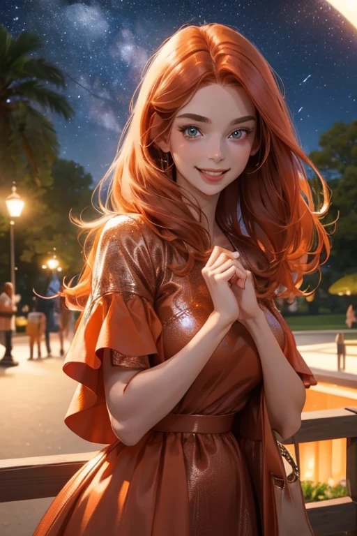 perfect face, perfect hands. A copper haired woman with copper eyes and small breasts in a summer dress is watching the stars at night in the park with a big smile
