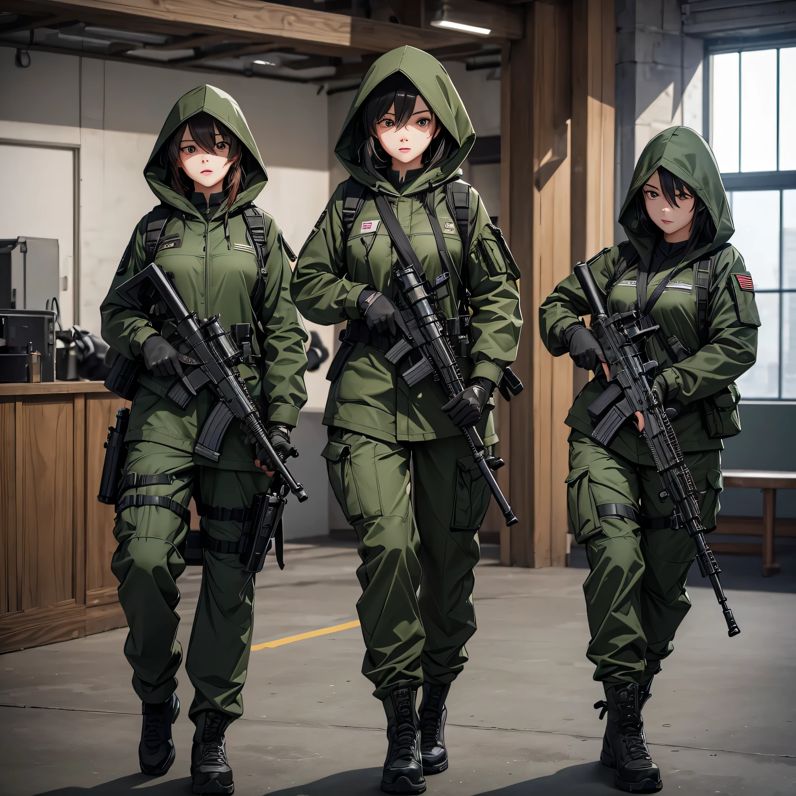 Three female soldiers holding submachine guns、Wearing dark green M-51 hooded military uniform、Hooded on head、Military Pants、Full set of individual equipment、Front view、Combat Shooting、indoor、best quality、Very detailed、8K