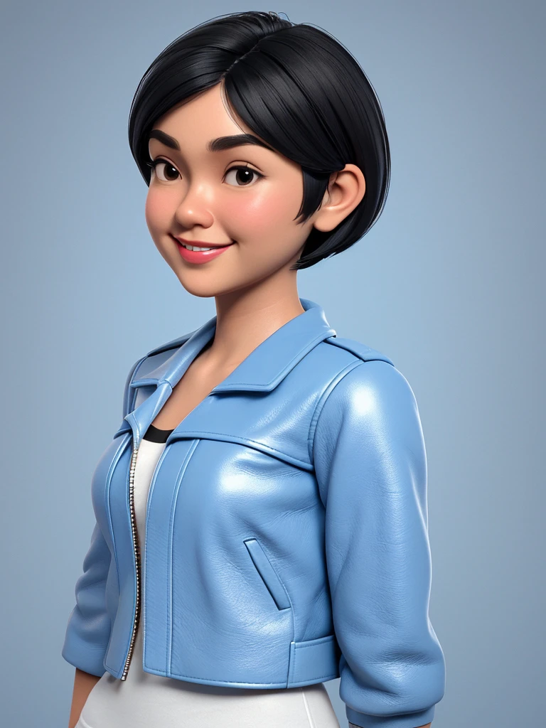Create a 3D animation of a cartoon caricature with a big head. Full body. A 40 year old Indonesian woman. Her wearing headsraf , pitch and pixie cut. Her face is oval with fine lines, thick and neat black eyebrows, small narrow eyes, a small aquiline nose, and thin lips with a wide and friendly smile. She is wearing a light gray leather jacket over a white t-shirt. Gradient blue background with professional lighting. Masterpiece, best quality, highly detailed skin and face, very realistic, high definition, studio lighting, sharp focus, front body angle, Concept Art, 3D render.