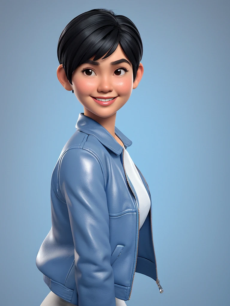 Create a 3D animation of a cartoon caricature with a big head. Full body. A 40 year old Indonesian woman. Her wearing headsraf , pitch and pixie cut. Her face is oval with fine lines, thick and neat black eyebrows, small narrow eyes, a small aquiline nose, and thin lips with a wide and friendly smile. She is wearing a light gray leather jacket over a white t-shirt. Gradient blue background with professional lighting. Masterpiece, best quality, highly detailed skin and face, very realistic, high definition, studio lighting, sharp focus, front body angle, Concept Art, 3D render.
