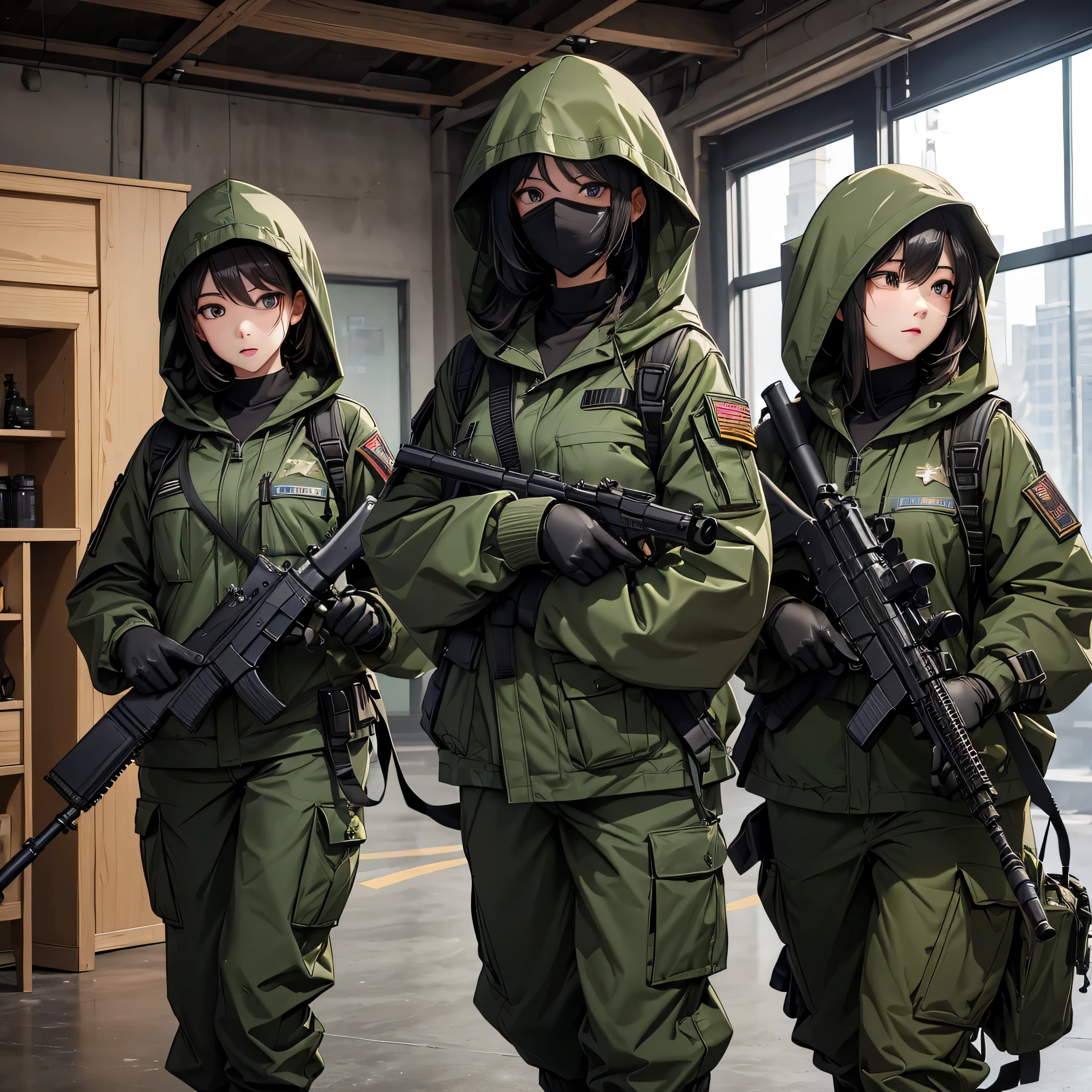 Three female soldiers holding submachine guns、Wearing dark green M-51 hooded military uniform、Hooded on head、Military Pants、Full set of individual equipment、Front view、Combat Shooting、indoor、best quality、Highly detailed CG、8K picture quality、Theatre lighting、lens flare