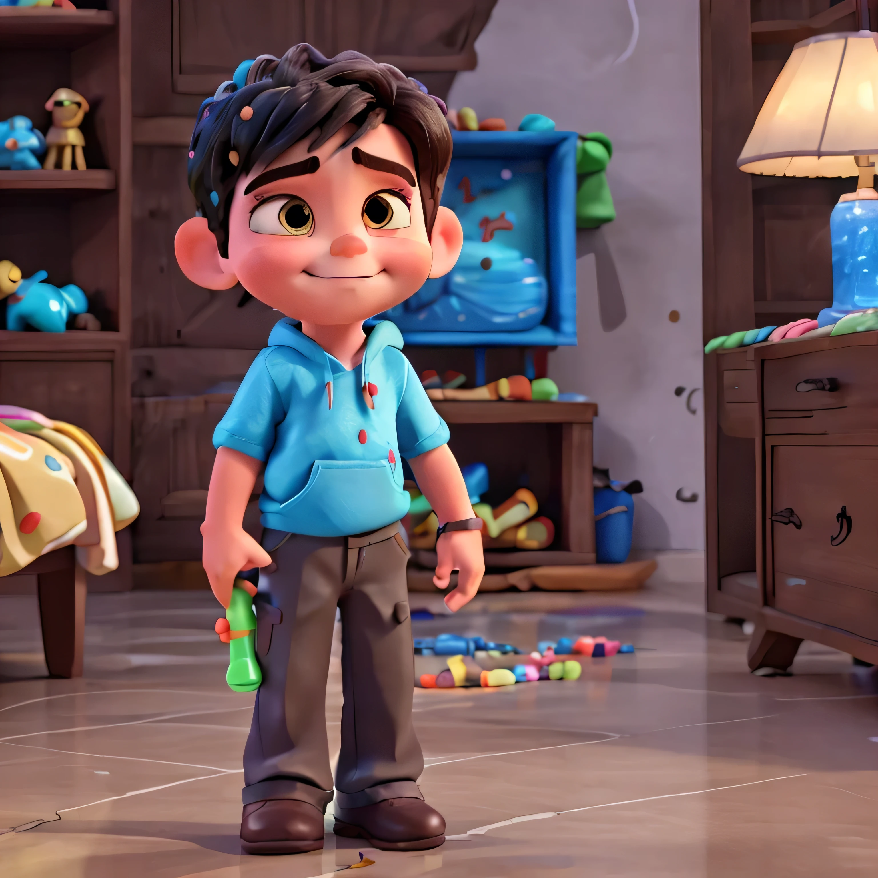 Boy holding a toy water gun with his right hand. Disney Pixar style, 3D, 4K.