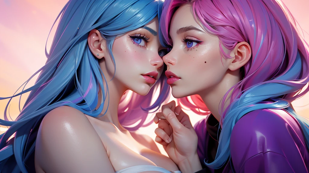 Best Quality, Masterpiece, Portrait, Perfect Anatomy, Femininity, Cool, Flawless, , Solo, Sexy, Stylish, Mature, Purple Eyes, Long Light pink Hair, Mole Above Lip, Red Lipstick, Big Breasts, Kissing Another Girl with Light blue hair,
