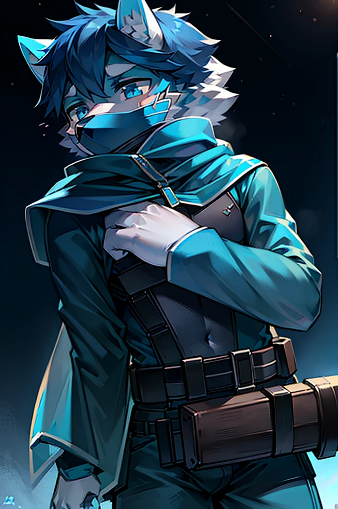 A Chico, Wolf, White and blue fur, young people, blue eyes，Blue combat uniform，Blue cape，Blue mask，Holding，The sniper rifle has a blue mark on it，In battle，The End，Dark Sky，Ready for battle，serious