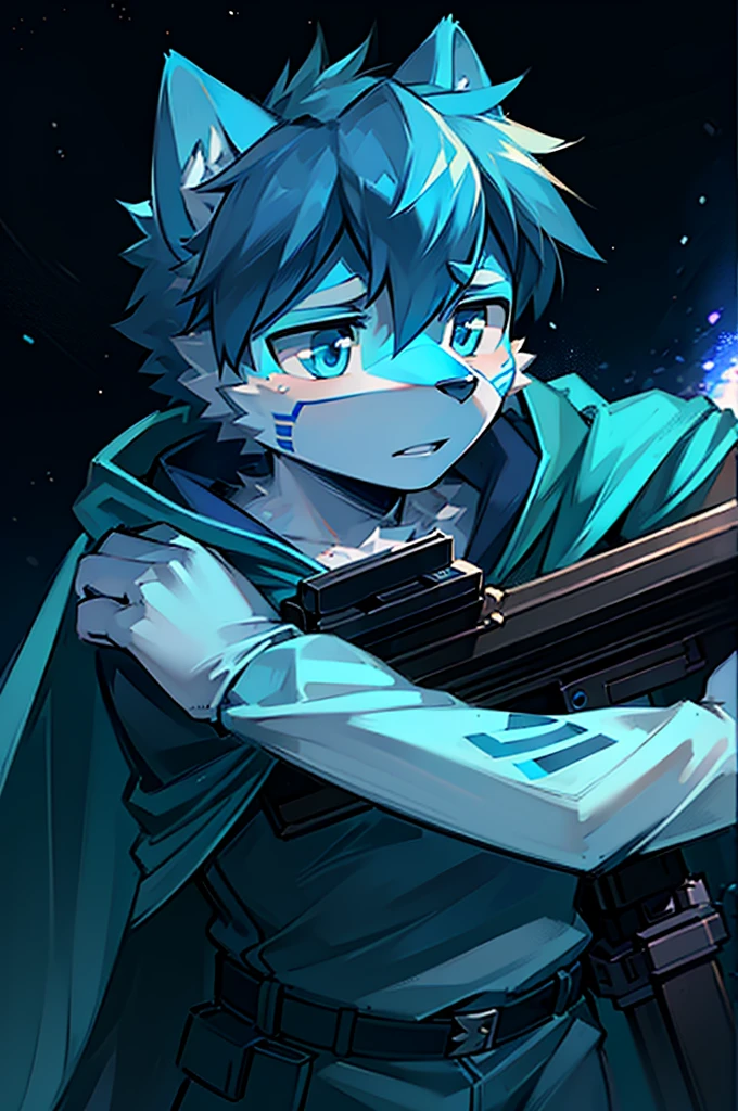 A Chico, Wolf, White and blue fur, young people, blue eyes，Blue combat uniform，Blue cape，Blue mask，Holding，The sniper rifle has a blue mark on it，In battle，The End，Dark Sky，Ready for battle，serious
