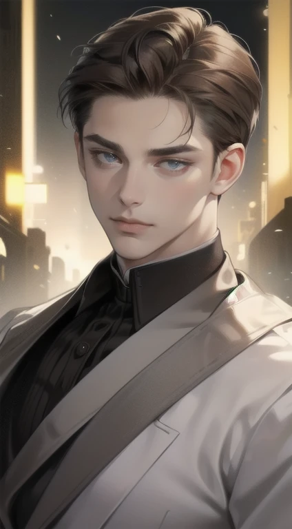 masterpiece, best quality, realistic, 1man, mature male, quiet and charming young man, 25 years old, close his blue eyes, serious look, extremely detailed face, smirk, ((dark grey eyes)), ((short-right-swept dark brown hair)), [thick eyebrows], detective, Black background, Victorian era, cinematic lighting, background size is more than the man