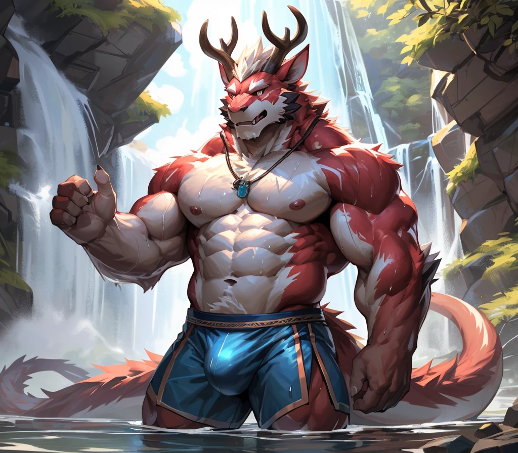 ((best quality)), ((masterpiece)), (ultra detailed), perfect face,antro baize:2.5, male , ((deep-crimson fur)), (strong beefy muscular body), ((abs, strongmuscles, 8 pack)), furry, handsome,Beautiful and delicate eyes, (ultra detailed eyes, (yellow):0.1 eyes, sharp eyes), detailed scene,(bulge),full body, reflection, shirtless, red cimson hair, topless, pink nipples, (by null-ghost,by traver009,by lindong,by pino daeni), (full body), wearing random pattern necklace, claws, ((fluffy fur, fluffy, furry body)), (5 fingers), (qilin, with a pair of dragon antler), majestic, wind blowing, ((white belly), ((1 long tail)), big fellow, muscular male, (Wear blue Hanfu), fluffy chest hair, handsome,Delicate canine teeth, hairy, male,bathing, アニメ, by the waterfall, full body view, sweating:1.8