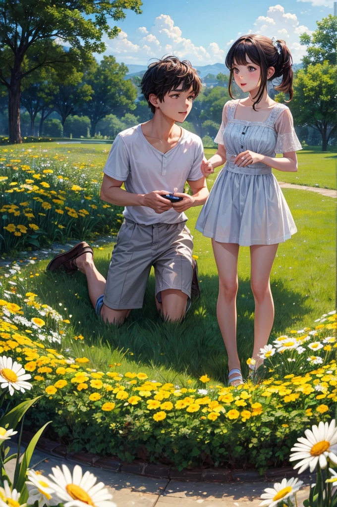 ((best quality)), ((masterpiece)), (detailed), perfect face of boy and girl starring each other in the middle of the daisy garden.