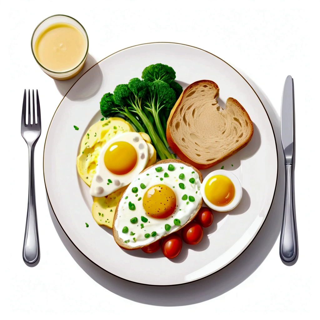 ((best quality)), ((masterpiece)), (detailed), water color style, create a picture of healthy food on a plate. The food consist of, Eggs, bread, potatoes, glass of milk, meat, chicken meat, some vegetables, against brilliant white background, isolated white 8k, high resolution,