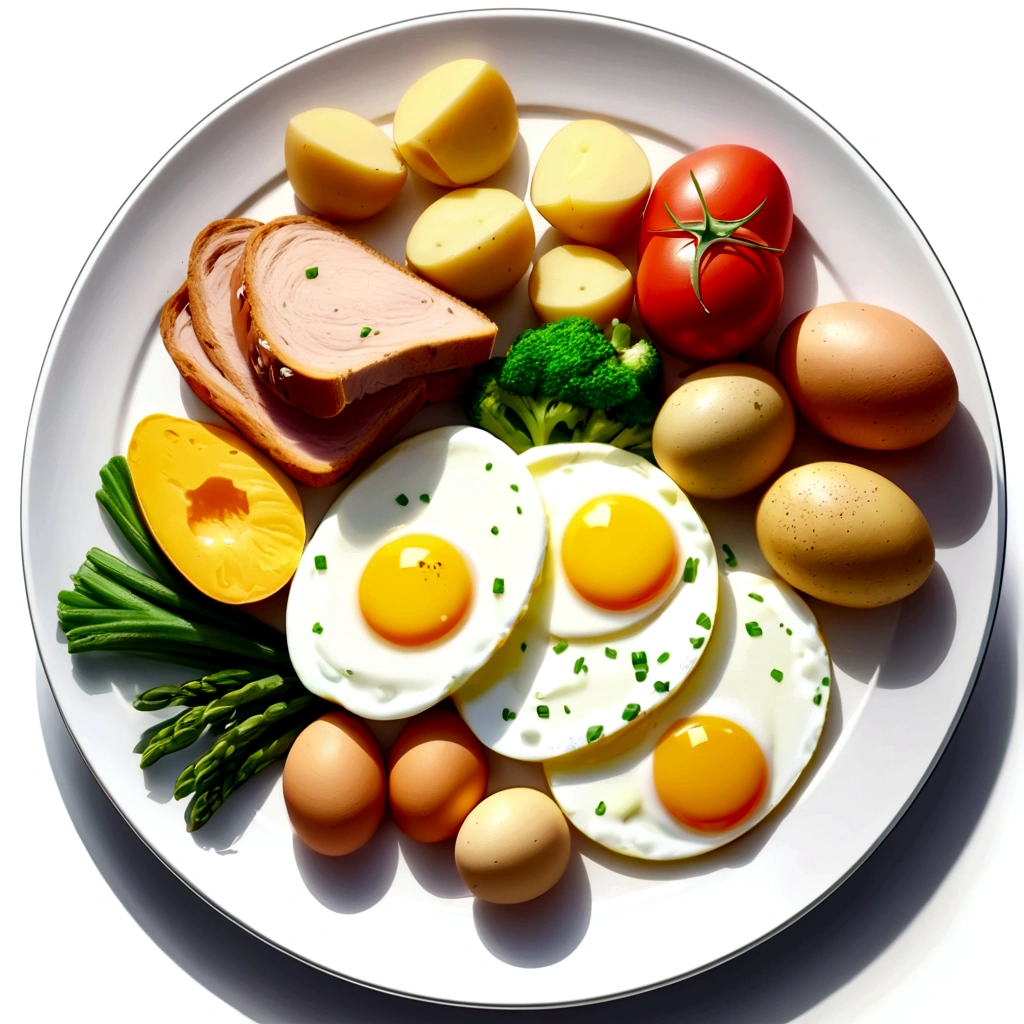 ((best quality)), ((masterpiece)), (detailed), water color style, create a picture of healthy food on a plate. The food consist of, Eggs, bread, potatoes, glass of milk, meat, chicken meat, some vegetables, against brilliant white background, isolated white 8k, high resolution,