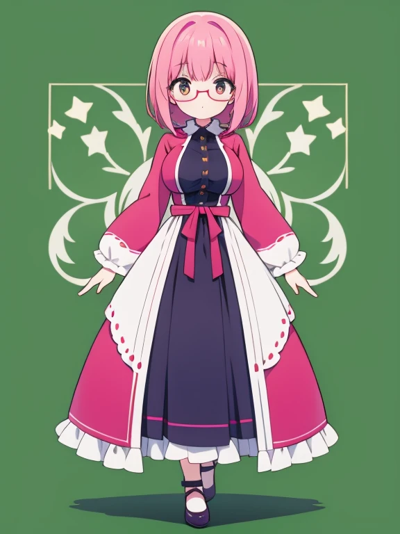 1girl,flower pattern , pink seihuku,pastel pink hair,brown eye,bob hair,standing, put hands on body, full body,green background ,red frame eyewear,big breasts,