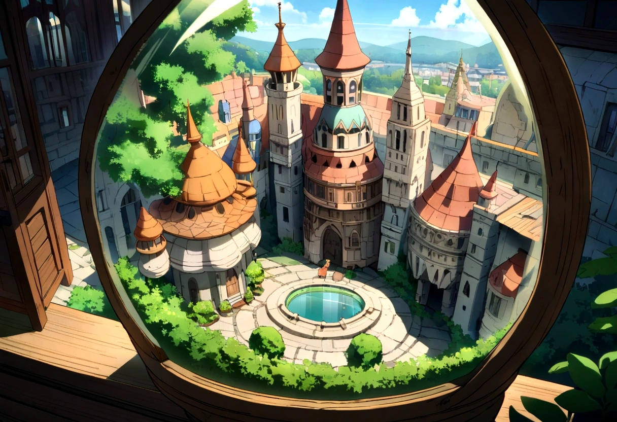 A highly detailed anime-style still art, Ghibli studio style, masterpiece, official art, professional, ((ultra-detailed)), 8k, ((Not show people)),
antastical city contained within a glass bottle. The city should feature intricate buildings with spires and towers, surrounded by lush greenery and tiny bridges. Place the glass bottle on a wooden table, with sunlight streaming through a nearby window, casting magical reflections and highlights on the bottle and the city inside