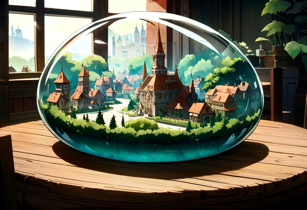 A highly detailed anime-style still art, Ghibli studio style, masterpiece, official art, professional, ((ultra-detailed)), 8k, ((Not show people)),

antastical city contained within a glass bottle. The city should feature intricate buildings with spires and towers, surrounded by lush greenery and tiny bridges. Place the glass bottle on a wooden table, with sunlight streaming through a nearby window, casting magical reflections and highlights on the bottle and the city inside