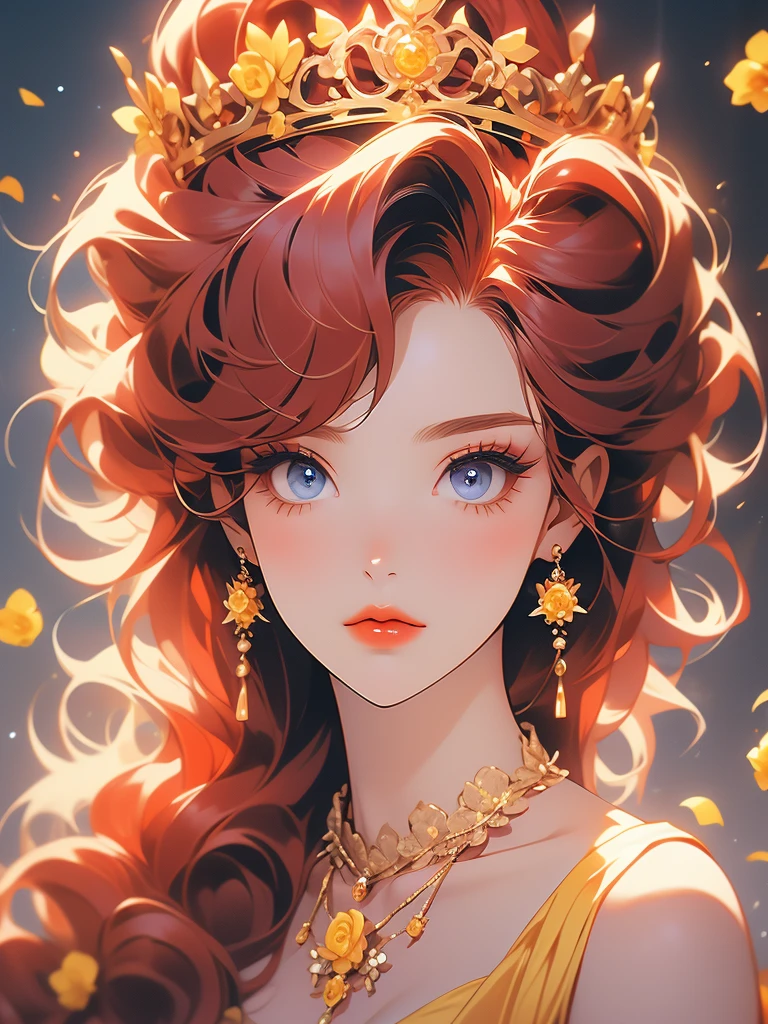 a woman with red hair and a tiara on her head in anime style, 1girl, jewelry, solo, yellow flower, earrings, red lips, blue eyes, red hair, makeup, looking at viewer, crown, short hair, eyelashes, yellow rose, bangs, necklace, lipstick, portrait, gem, bare shoulders, flower