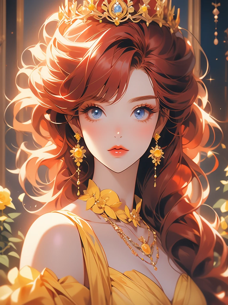 a woman with red hair and a tiara on her head in anime style, 1girl, jewelry, solo, yellow flower, earrings, red lips, blue eyes, red hair, makeup, looking at viewer, crown, short hair, eyelashes, yellow rose, bangs, necklace, lipstick, portrait, gem, bare shoulders, flower