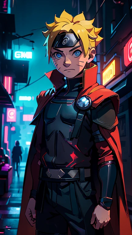 best quality,masterpiece,1boy,solo,(((13years old))),japanese boy,an extremely cute and handsome hoy,highly detailed handsome face and eyes,petit,cute face,lovely face,baby face,shy smile,show teeth, Yellow hair,short hair,flat chest,skinny,slender,(((Uzumaki Boruto wearing Thor costume,red cape))),(((standing in Dark Midnight Neon Glow light Cyberpunk Gotham city))),he is looking at the viewer,