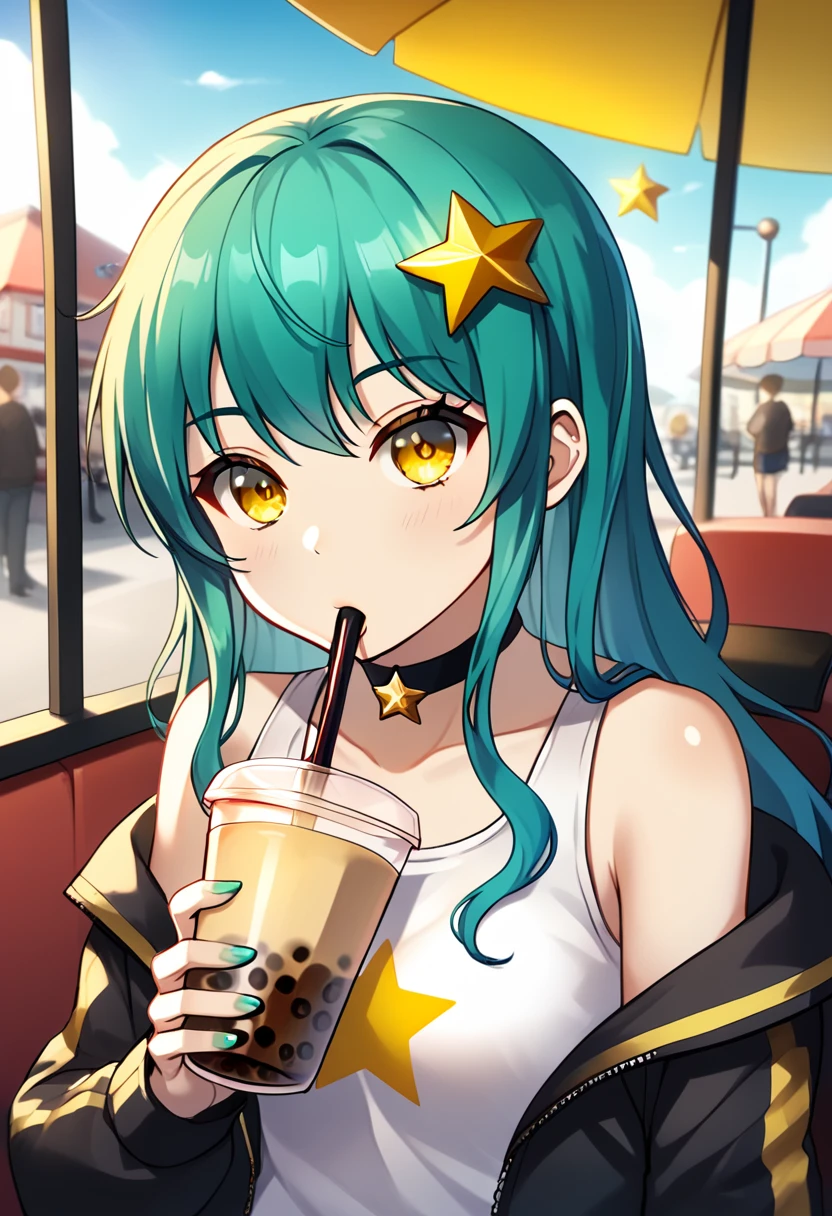 Girl with long dark turquoise hair, yellow eyes, yellow star pin in her head, drinking one bubble tea. Background: no background behind the girl, just white color, like a png picture for editing