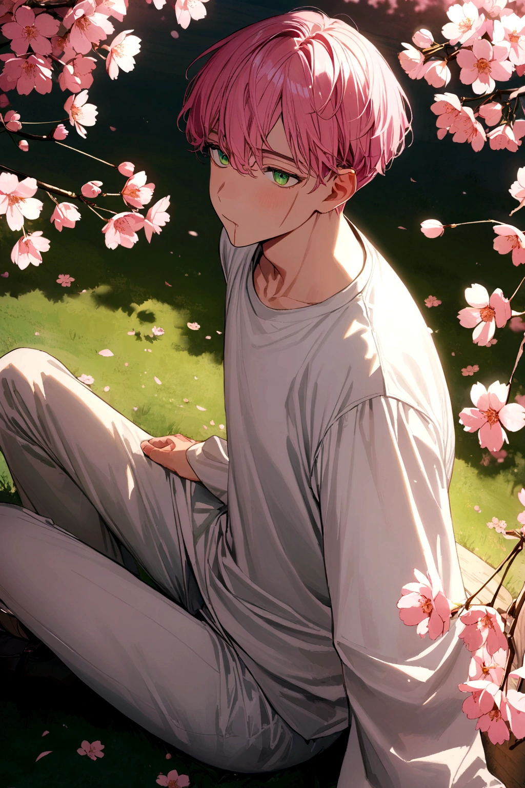 Sanzu haruchiyo, a boy with pink hair and emerald green eyes, has two diamond-shaped scars on both sides of his mouth. , wearing a long-sleeved white t-shirt and white slacks sitting under a cherry blossom tree