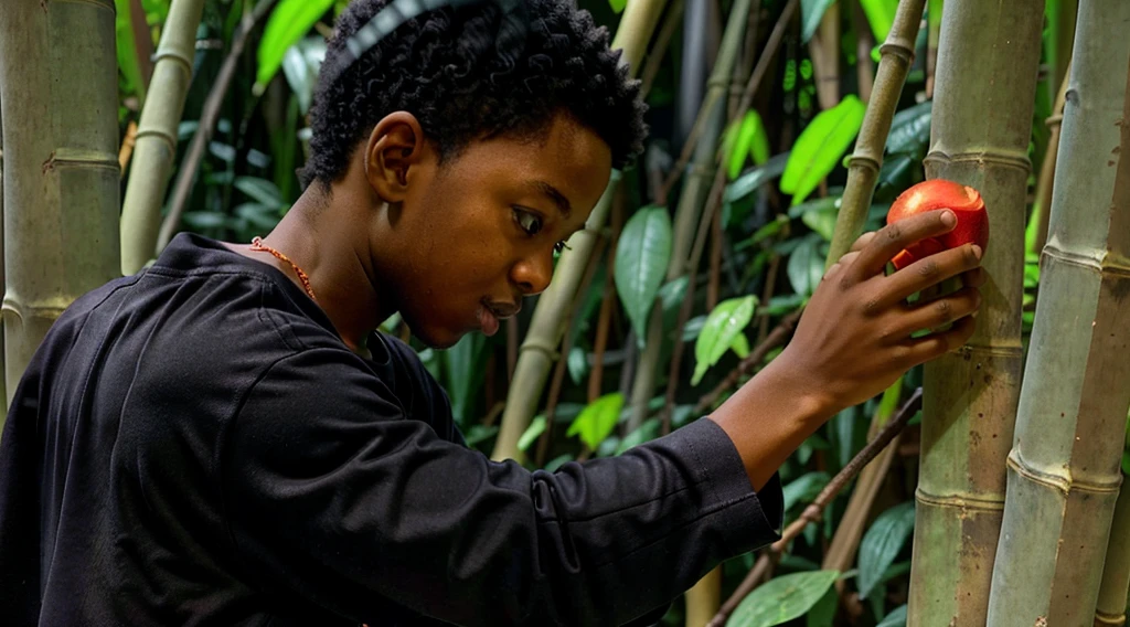 Image of a black teenager, Age 12 – Share a dark gray long-sleeved shirt = no print - short curly hair - long pants and straw sandals, - profile view - holds a small red fruit in his hands - holds the red fruit towards his mouth - alone in the bamboo forest