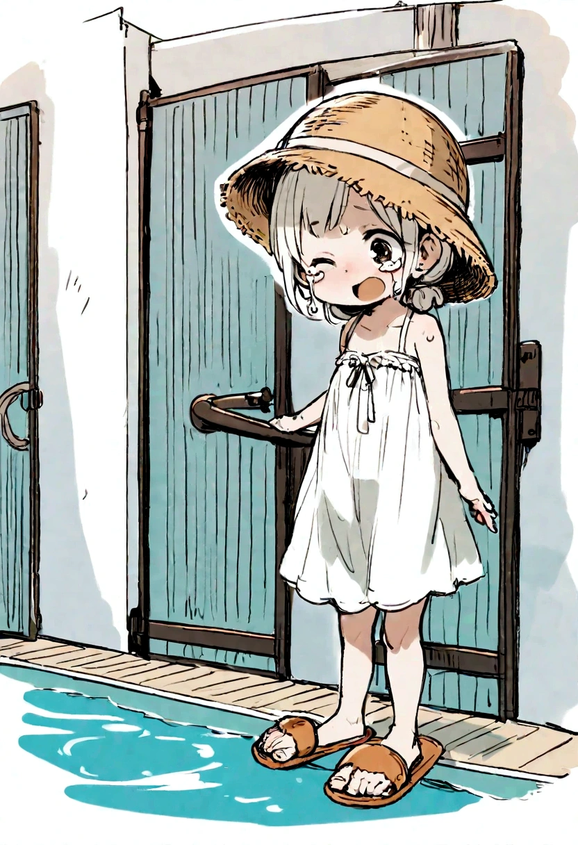 {{{Best quality}}}, {{Very detailed}}, {Illustration}, {{Very delicate and beautiful}}, ((Public pool (entrance)))), White dress, straw hat, girl ( 5 years old, summer slippers), small breasts, round face, girl, (child: 1.25), (baby face: 1.2), short limbs, crying, one eye closed, Punishment, stripping and raping a girl in a back alley, multiple The men cling to the girl, lift her body up in a very erotic position, and insert their super thick dicks into her pussy from below, a lot of semen from the pussy, clothes are taken off, a lot of sweat, NSFW, rape eyes,