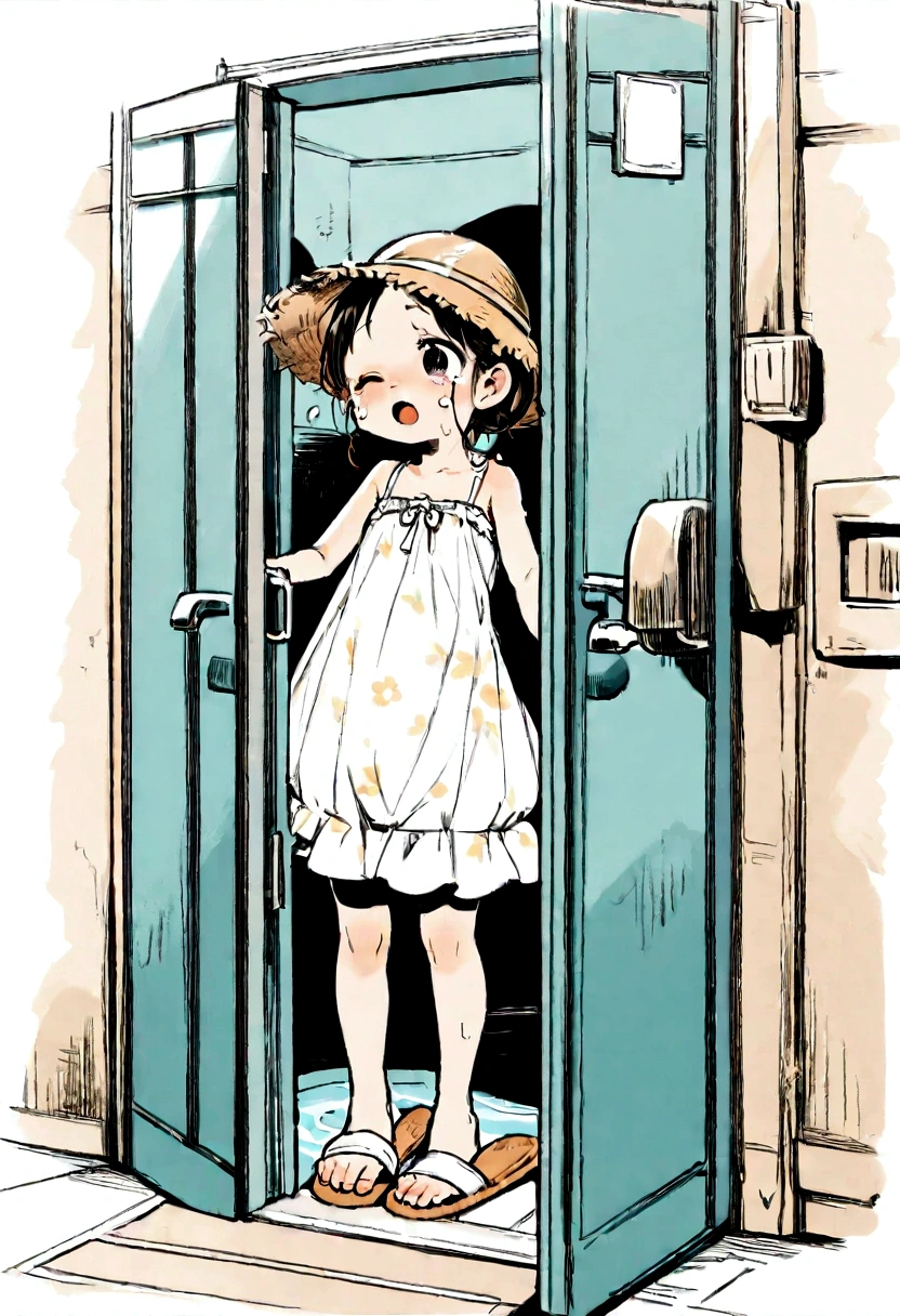 {{{Best quality}}}, {{Very detailed}}, {Illustration}, {{Very delicate and beautiful}}, ((Public pool (entrance)))), White dress, straw hat, girl ( 5 years old, summer slippers), small breasts, round face, girl, (child: 1.25), (baby face: 1.2), short limbs, crying, one eye closed, Punishment, stripping and raping a girl in a back alley, multiple The men cling to the girl, lift her body up in a very erotic position, and insert their super thick dicks into her pussy from below, a lot of semen from the pussy, clothes are taken off, a lot of sweat, NSFW, rape eyes,