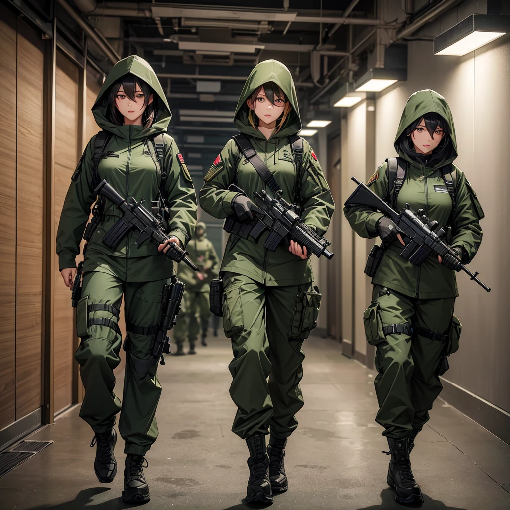 Three female soldiers holding submachine guns、Wearing dark green M-51 hooded military uniform、Hooded on head、Military Pants、Full set of individual equipment、Front view、Combat Shooting、corridor、best quality、Highly detailed CG、8K picture quality、Theatre lighting、lens flare