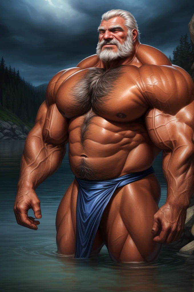 (best quality,4k,8k,highres,masterpiece:1.2),ultra-detailed,(realistic,photorealistic,photo-realistic:1.37),dramatic lighting,chiaroscuro,atmospheric,moody,cinematic. huge muscular old man in beach, white and short hair, white beard, old, old man, (chest hair, pubic hair,) grandpa, half submerged, huge scar on chest:1.2, (huge muscular), detailed muscles, 8k, masterpiece:1.2, hyper realistic, white fundoshi:1.2, highly detailed full body, ((really big muscle, massive muscular, sixpack, thick arms, wide pectoral, super huge muscle, hyper muscular, submerged, over sized muscle, huge arms, big arms, huge pectoral)), landscape, soft ambient lighting, wrinkled skin, happy expression, reflective water, peaceful relaxation