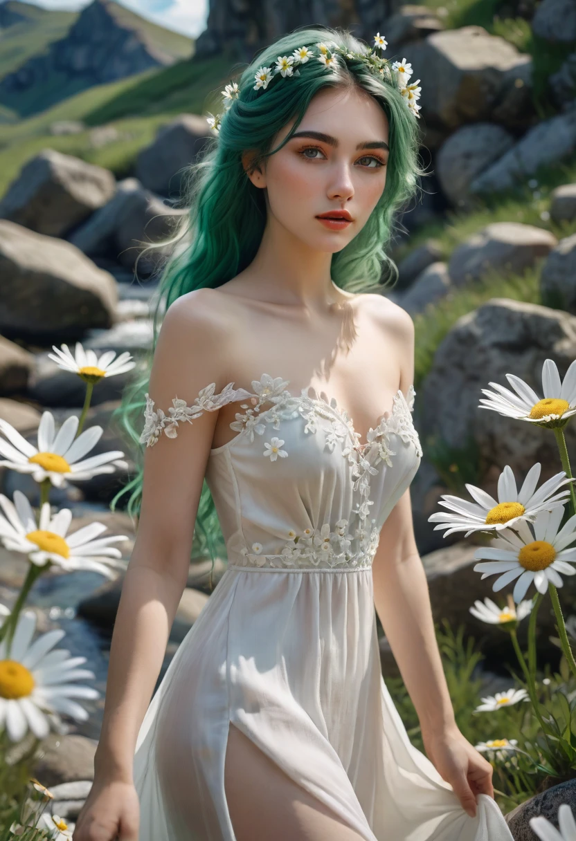 a beautiful woman with pale skin, with green braids growing many daisies, a woman in a white dress, slender, walking on mountain rocks, masterpiece, (best quality,4k,8k,highres,masterpiece:1.2),ultra-detailed,(realistic,photorealistic,photo-realistic:1.37),detailed eyes,detailed lips,extremely detailed face,longeyelashes,natural lighting,vivid colors,intricate details,fantasy portrait,ethereal,serene,detailed skin texture,flowing dress,delicate flowers