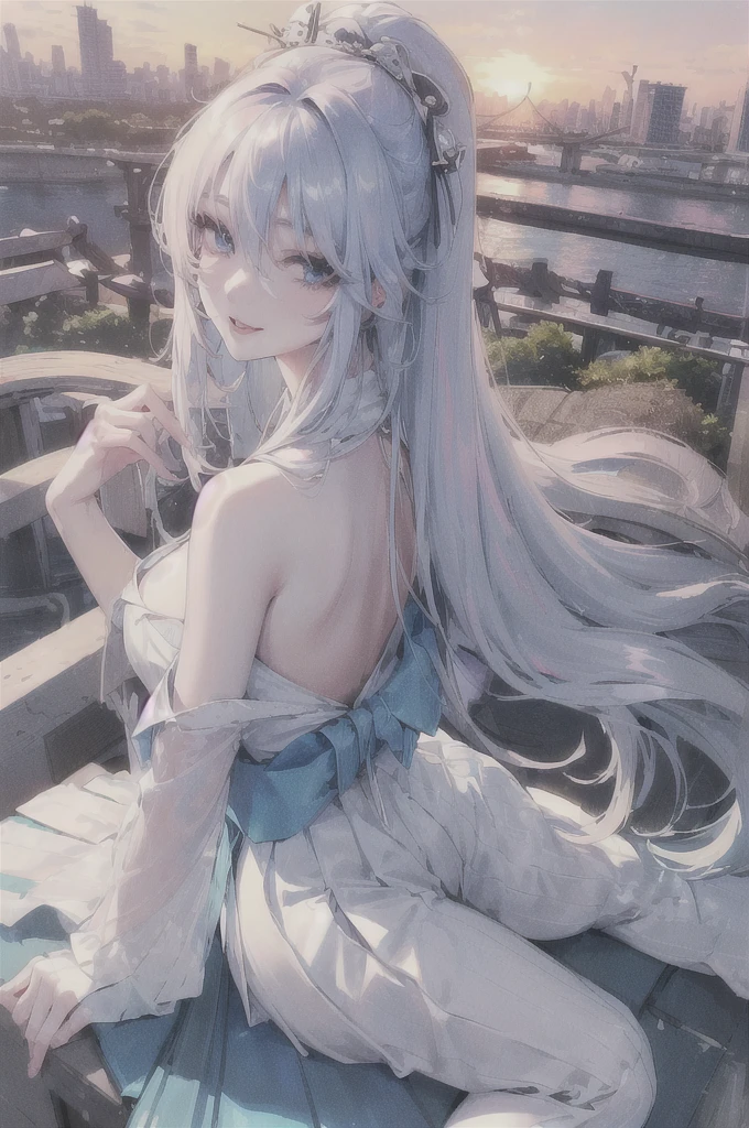 official art, masterpiece, sharp focus, (beautiful gorgeous cute Korean woman:1.3), (beautiful cute korean:1.3), korean beauty, Delicate and beautiful hair and eyes and face, realistic, ultra detailed, beautiful girl, blue sky, glow white particle, (sidelighting:1.2), sun light, white cloud, detailed clouds, slender, Lovely very large breasts and very large hips, smile with teeth, ((smile with eyes, open both eyes)), scenery, long straight hair, sexy facial expression, building, (cityscape:1.7), dynamic hair, long straight hair, detailed platinum pink hair, glow blue eyes, (blue pleated shirts + white skirt), white long socks, pale skin, hair ornament, epic scenery,
