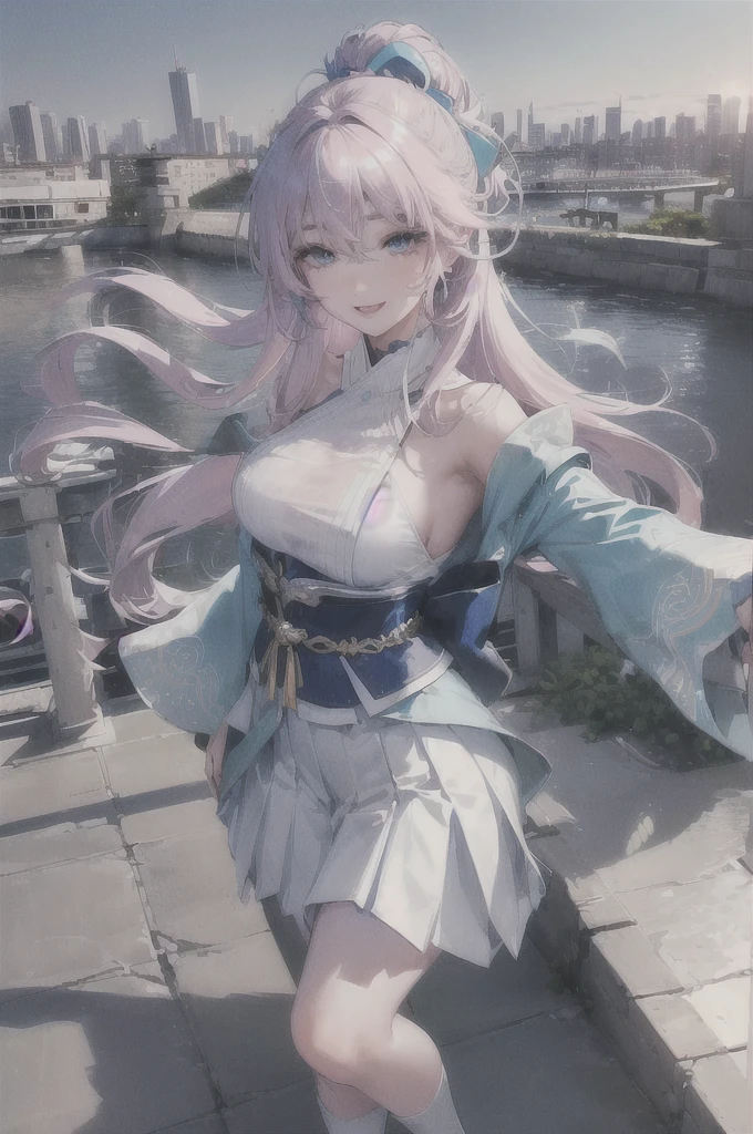 official art, masterpiece, sharp focus, (beautiful gorgeous cute Korean woman:1.3), (beautiful cute korean:1.3), korean beauty, Delicate and beautiful hair and eyes and face, realistic, ultra detailed, beautiful girl, blue sky, glow white particle, (sidelighting:1.2), sun light, white cloud, detailed clouds, slender, Lovely very large breasts and very large hips, smile with teeth, ((smile with eyes, open both eyes)), scenery, long straight hair, sexy facial expression, building, (cityscape:1.7), dynamic hair, long straight hair, detailed platinum pink hair, glow blue eyes, (blue pleated shirts + white skirt), white long socks, pale skin, hair ornament, epic scenery,