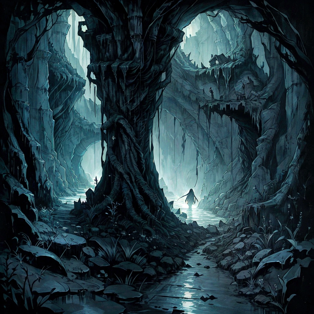 a dimly lit tunnel with a stream running through it, dark fantasy environment, photorealistic dark concept art, dark fantasy setting, the mines of moria, dark fantasy concept art, mines of moria, dark cinematic concept art, deep environment, dark fantasy artwork, dark fantasy style art, dark environment, unreal engine fantasy art, dark fantasy background