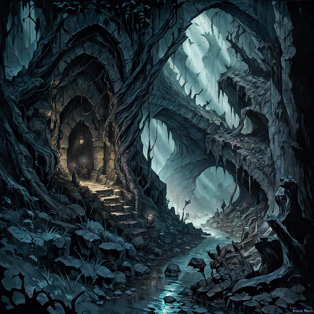 a dimly lit tunnel with a stream running through it, dark fantasy environment, photorealistic dark concept art, dark fantasy setting, the mines of moria, dark fantasy concept art, mines of moria, dark cinematic concept art, deep environment, dark fantasy artwork, dark fantasy style art, dark environment, unreal engine fantasy art, dark fantasy background