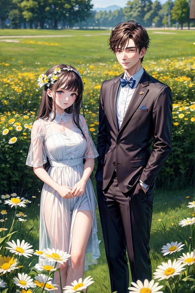 ((best quality)), ((masterpiece)), (detailed), perfect face of boy and girl starring each other in the middle of the daisy garden.