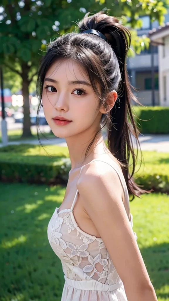 dress,outdoors,Urban Park,On the lawn,One woman,fully body photo,masutepiece, The highest image quality, High quality, the background is clear,Beautiful woman, Japanese, Detailed, Ultra-detailed, finely detail, hight resolution, 8K Wallpaper, Perfect dynamic composition, Beautiful detailed eyes ,Detailed eyes, Detailed skin, Beautiful skin, 超hight resolution, (reality: 1.4),Very beautiful woman, Slightly younger face, Beautiful skin, slender, (Ultra photo realsisim), (hight resolution), (8K), (Very detailed) (beautifully detailed eyes), (super detailed), (Detailed face), view the viewer, Fine details, Detailed face, Staring straight ahead, Staring straight ahead, photos realistic, Bright lighting, Professional Lighting, Black hair,poneyTail,a baby face,sixteen years old,Hairstyle: ponytail,Long ponytail hairstyle,slight smile,