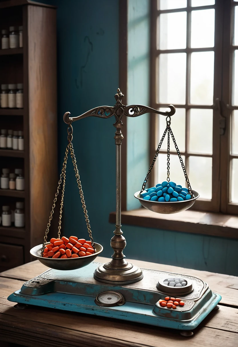 I imagine a scene where an antique balance scale, made of sturdy metal and with ornate details, is positioned on a worn wooden table. On one side of the scale, the blue pill rests delicately on the tray, while on the other side, the red pill is carefully placed. The scales are perfectly balanced, symbolizing a state of consideration between two seemingly opposite choices. Soft light coming from a nearby window highlights the details of the scale and the pills, creating a subtle contrast between the aged metal of the scale and the bright colors of the pills.