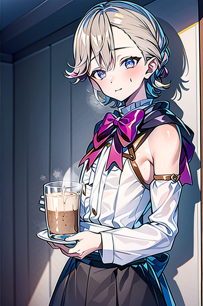 Detailed image, high quality, boy, lyney, cute, cafe, Cafe staff, Nude, Dressed, sole boy, up focus, Upper body only, Semen mug, ザーメンジョッキ, bukkake,