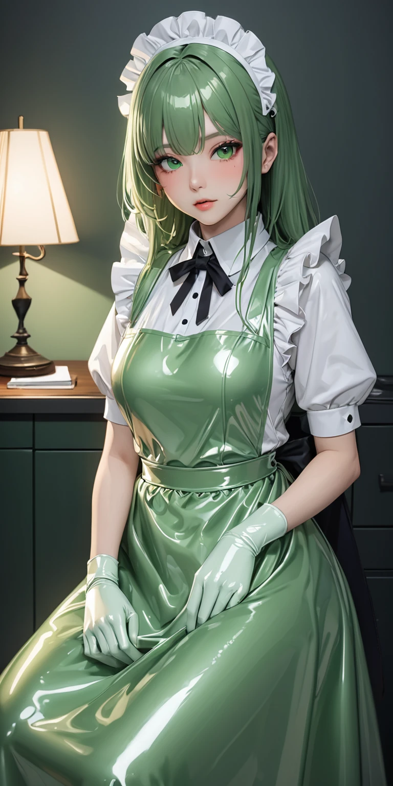 Portraiture、(masterpiece,Highest quality,Ultra-high resolution),Japanese women, (((Very beautiful 25 year old girl))),(Pale green latex maid outfit)、(Pale green latex long skirt)、(A long-sleeved white latex shirt covering the upper body)、Pale green latex gloves、Pale green latex socks、Pale green latex apron、Frills、The clothes fit snugly to the body、Latex is very shiny、Dark Room、