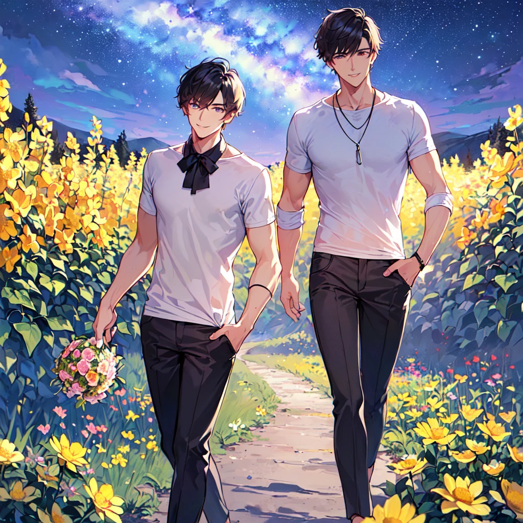 masterpiece,best quality,high quality,(1 male austere handsome solo adult age 30 years old:1.5), purple eyes, cool with suspended eyes, V-shaped eyebrows, body strong and fearless 8.5 head tall, height 185cm, (well-groomed black short hair down to neck:1.4), (bangs 7 thirds parted:1.4), slender nose, facial muscles, throat, (pants with summer flower prints summer fashion:1.3), (holding a bouquet of summer flowers), (stylish pose), (fearless smile:1.3), (background summer flower field:1.3), (Night Sky:1.3)